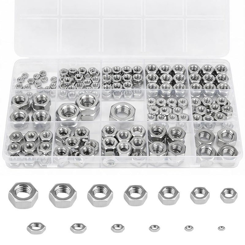 Vmuter Hex Nuts, 196 Packs M3 M4 M5 M6 M8 M10 M12#6-32#8-32#10-24 1/4"-20 5/16"-18 3/8"-16 304 (A2-70) Stainless Steel Hardware Nuts,Standard Inch Coarse Thread Nuts - Image 1